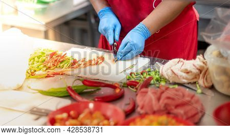 Chef Cutting Chili For Prepare Raw Material For Cooking The Lunchbox For Customer To Take Away At Th