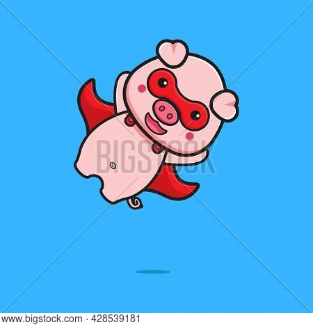 Cute Pig Super Hero Flying Cartoon Icon Illustration. Design Isolated Flat Cartoon Style