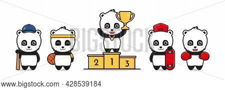 Cute Panda With Sports Theme Cartoon Illustration. Design Isolated Flat Cartoon Style