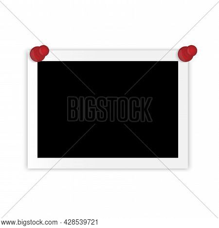Realistic Frame On Pins. Empty Snapshot Frame Template. Old Photo. Pin Icon Set. Vector Illustration