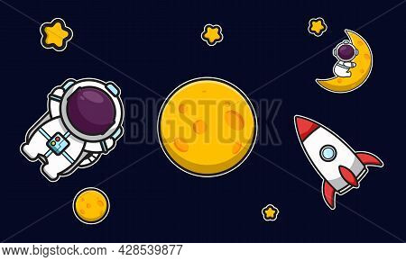 Cute Astronaut And Rocket In Space With Yellow Moon Cartoon Vector Icon Illustration. Science Techno