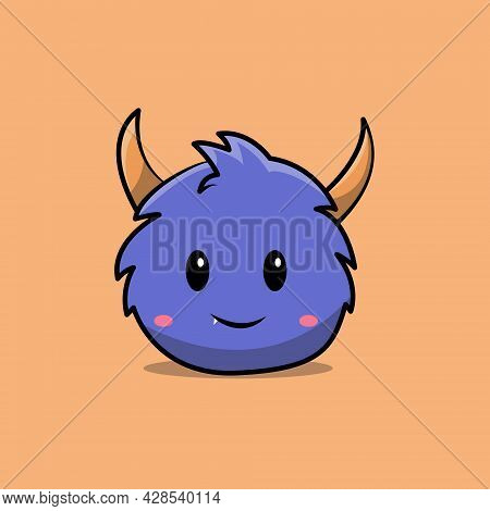 Cute Blue Monster Mascot Character. Design Isolated On Brown Background.