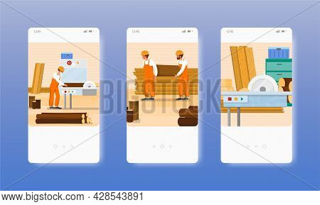 Woodworking. Joinery. Carpentry Wood Furniture Workshop. Mobile App Screens, Vector Website Banner, 