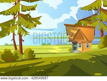 Brick House On Lake Shore. Summer Countryside Landscape With River, Small Cottage, Green Grass And P