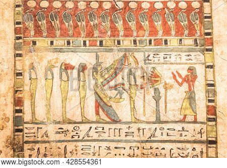 Turin, Italy - Circa May 2021: Egyptian Archaeology. Ancient Hieroglyphyc,  Ca. 580 Bc, With Isis An