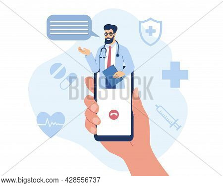 Hand Holding Smartphone With Video Call On Screen. Patient At Doctors Virtual Or Online Appointment.