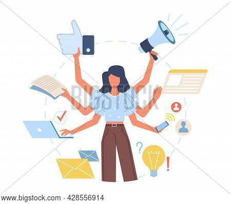 Multitasking Woman. Versatile Lady Effectively Decisive Multiple Cases At Same Time, Hands Perform A