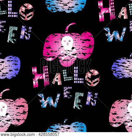 Happy Halloween Neon Seamless Festive Pattern With  Sugar Skulls, Neon Punpkins And  Funnny Letterin