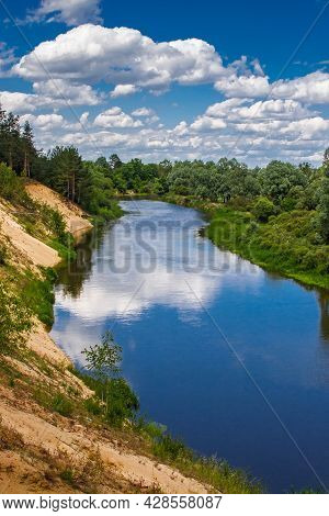The River Teteriv Teterev. Forest With Blue Skies, Rural Landscape