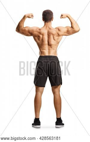 Rear view of a shirtless musuclar man flexing back muscles  isolated on white background