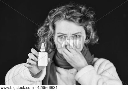Female Health Concept. Woman With Cold Flu Use Nasal Spray. Illness Infection Concept. Contagious Re