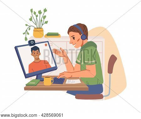 Teenager Communicating With Friend On Computer By Video Camera Isolated Flat Cartoon Character. Vect