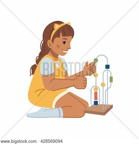 Girl Playing With Toy Developing Creativity And Thinking, Curious Kiddo In Kindergarten Or Preschool