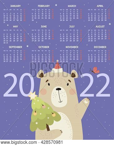 Calendar For 2022 With Cute Bear Santa And Christmas Tree On Purple Background. Vector Illustration.