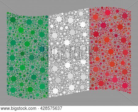 Waving Mosaic Italy Flag Created Of Virus Icons. Italy Flag Collage Is Made Of Scattered Bacteria Pa