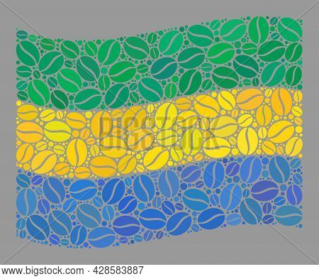 Mosaic Waving Gabon Flag Is Designed Of Cacao Bean Icons. Vector Coffee Collage Waving Gabon Flag Cr