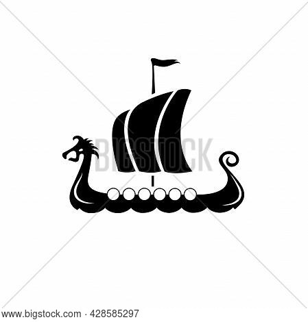 Drakkar Vikings Logo Vector Illustration. Viking Transport Warship. Design Template. Isolated On Whi