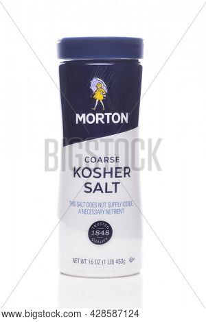 IRVINE, CALIFORNIA - 28 JULY 2021: A 16 ouunce shaker of Morton Coarse Kosher Salt.