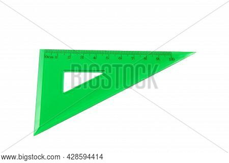 School Supplies, Stationery, Green Ruler, Close Up, Isolated With Clipping Path On White Background.