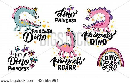 Hand Sketched Pink Dino Vector Illustration With Lettering Typography. Concept For Children T-shirt 
