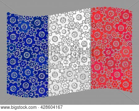 Mosaic Waving France Flag Designed Of Development Elements. Vector Gear Mosaic Waving France Flag Co