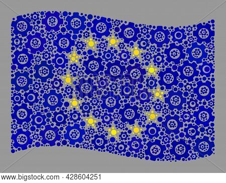 Mosaic Waving Europe Flag Designed With Mechanical Items. Vector Gear Collage Waving Europe Flag Con
