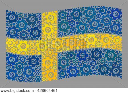 Mosaic Waving Sweden Flag Designed With Transmission Icons. Vector Cog Collage Waving Sweden Flag Co