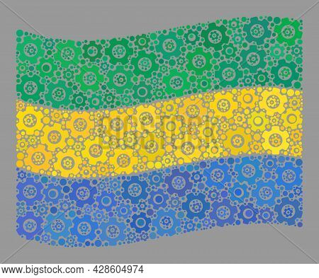 Mosaic Waving Gabon Flag Created Of Cog Icons. Vector Cog Wheel Mosaic Waving Gabon Flag Done For Co