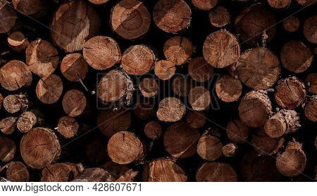 Pile Of Wooden Logs Stacked. Wall Of Stacked Wood Logs As Background. Stack Of Logs. Stack Of Firewo