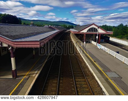 A View Of An Almost Deserted Railway Station In The Scottish Highland Town Of Aviemore.
