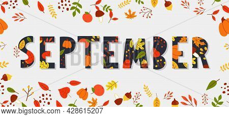 Hand Drawn Typography Lettering Phrase Hello, September Isolated On The White Background With Golden
