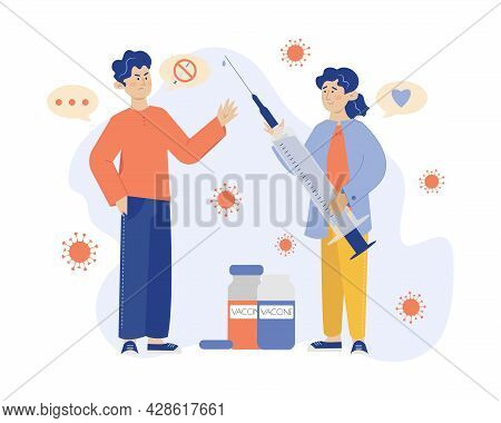 Refusal Of Vaccination Vector Concept. Man Refuses Of Vaccination. Flat Vector Illustration, Cartoon