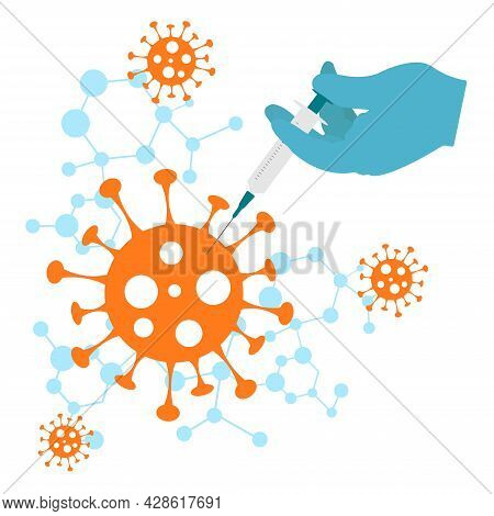 Virus Molecule Vaccination Vector Concept. Doctor's Hand Is Making An Injection To The Virus Molecul
