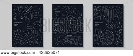 Set Of Topography Flyers. Outline Cartography Landscape. Collection Of Three Banners With Topography