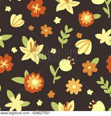 Cute Vector Seamless Pattern With Cartoon Flowers. It Can Be Used As Wallpaper, Poster, Print For Cl