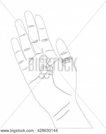 Hand With Pills In Doodle Style. Vector Stock Illustration Isolated On White Background.