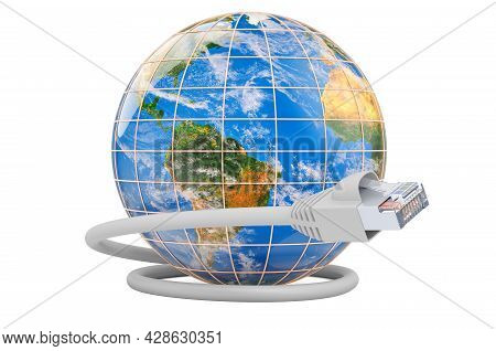 Lan Cable With Earth Globe. Global Internet Connection Concept. 3d Rendering Isolated On White Backg
