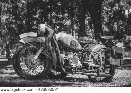 World War Ii German Wehrmacht Old Tricar, Three-wheeled Motorcycle In Summer Forest. Black And White