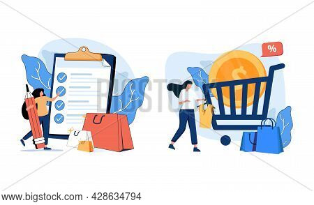 Online Shopping Abstract Concept Vector Illustration Set. Wishlist, Buy, My Orders List, Add To Shop