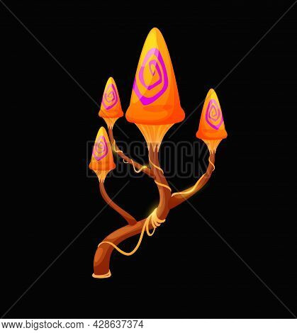 Fantasy Fairy Magic Narrow Mushroom, Cartoon Vector Unusual Fungus Of Yellow Color With Pink Spiral 