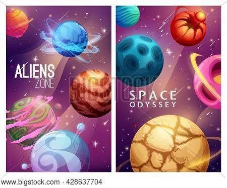 Aliens Zone And Space Odyssey. Cartoon Galaxy Planets And Stars. Science Fiction Worlds, Vector Alie