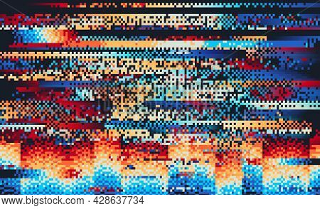 Screen Error Glitch Distortion And Digital Rainbow Pixel Noise, Vector Background. Tv Screen With Gl