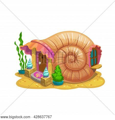 Fairy Snail Shell House Or Dwelling Of Sorceress Or Sea Mermaid. Vector Fairytale Undersea Conch Hom
