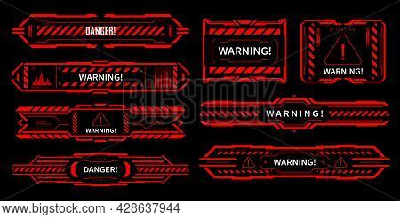 Hud Danger And Alert Attention Red Interface Signs. Vector Warning Notification, Caution Futuristic 