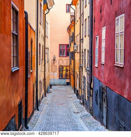 Colorful blind alley in Gamla Stan in Stockholm, Sweden
