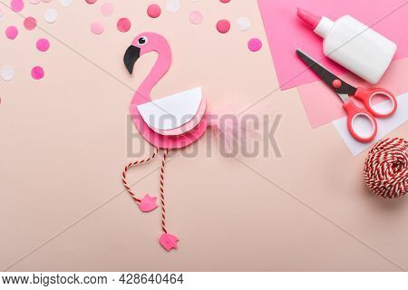 Diy. Childrens Pink Flamingo Made Of Colored Paper. Detailed Step-by-step Instructions.