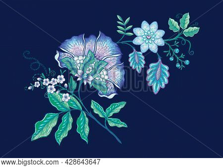 Fantasy Flowers In Retro, Vintage, Jacobean Embroidery Style. Embroidery Imitation Isolated On Black