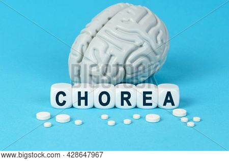 Medicine And Health. Cubes Lie On The Table Among The Pills And Imitation Of The Brain. The Text On 