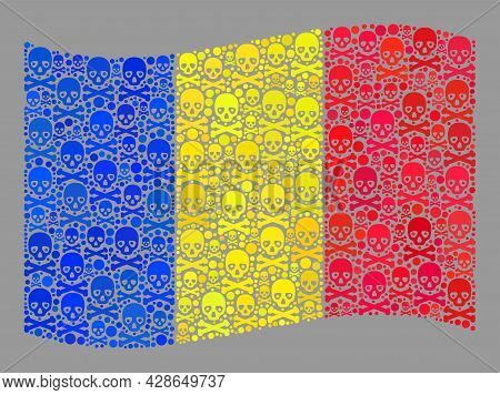 Mosaic Waving Romania Flag Created Of Piracy Icons. Mortal Vector Waving Mosaic Romania Flag Designe