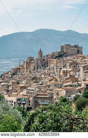 Caccamo, Sicily, Italy. View Of Popular Hilltop Medieval Town With Impressive Norman Castle And Surr